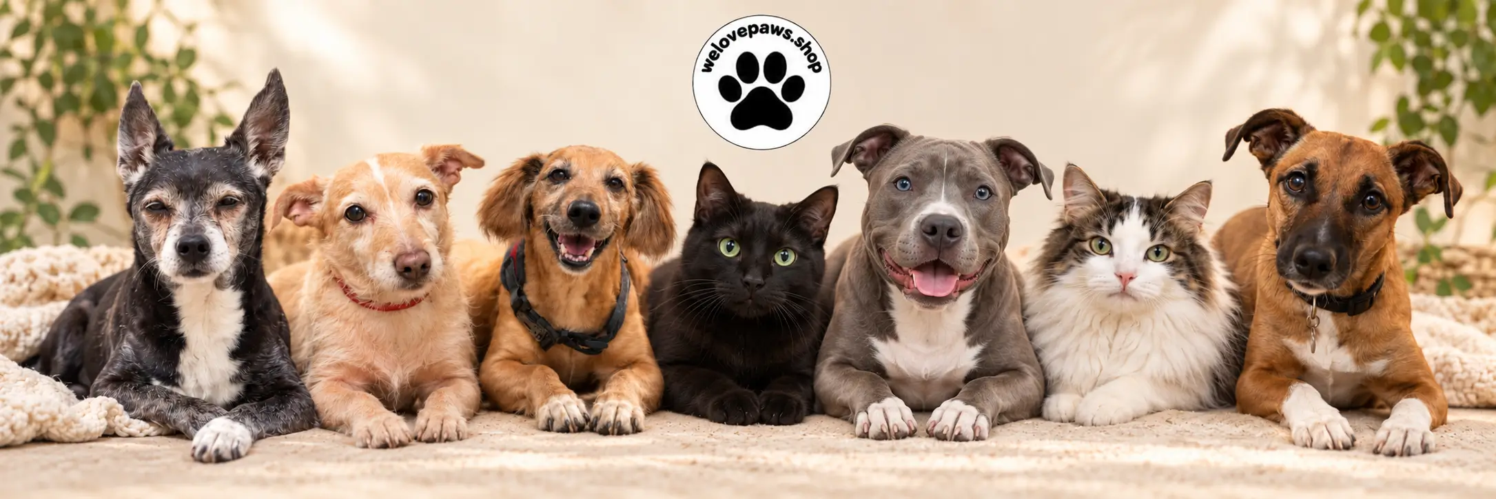 Five dogs and two cats resting together beneath the WeLovePaws logo